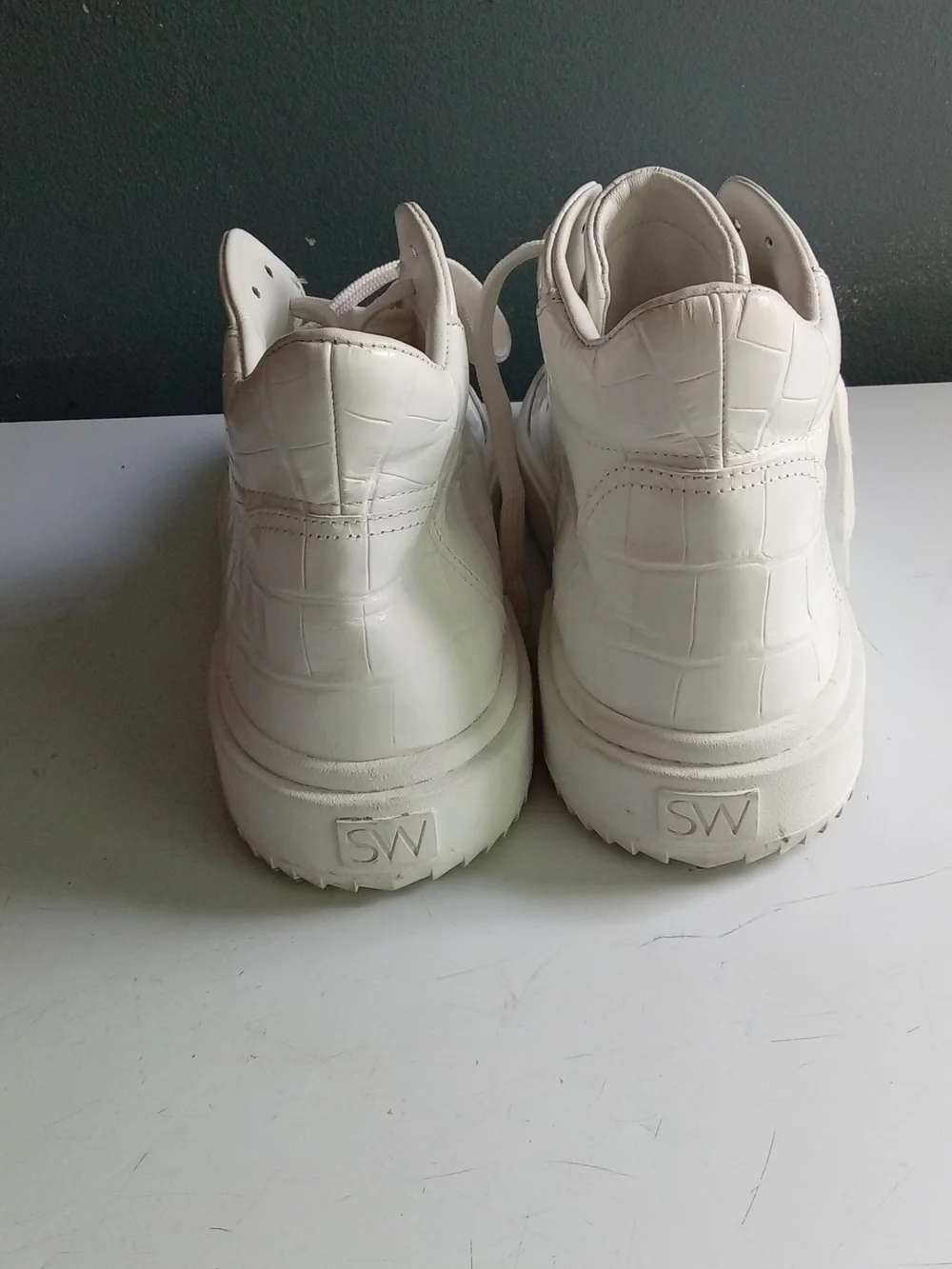 Stuart Weitzman White Croc Embossed Leather High Top Sneakers Platform Shoes